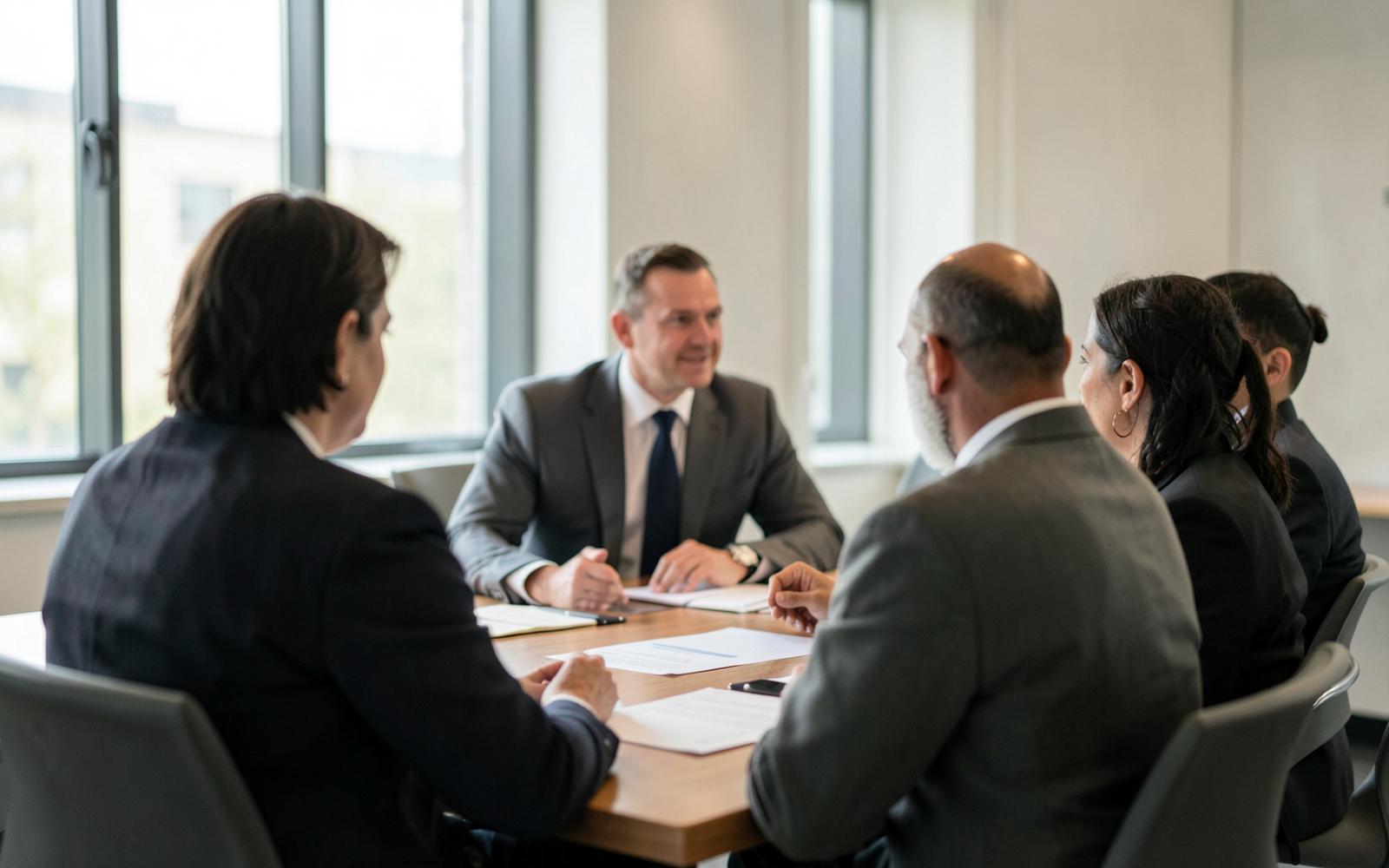 Senior leadership team in discussion around a boardroom table in natural light