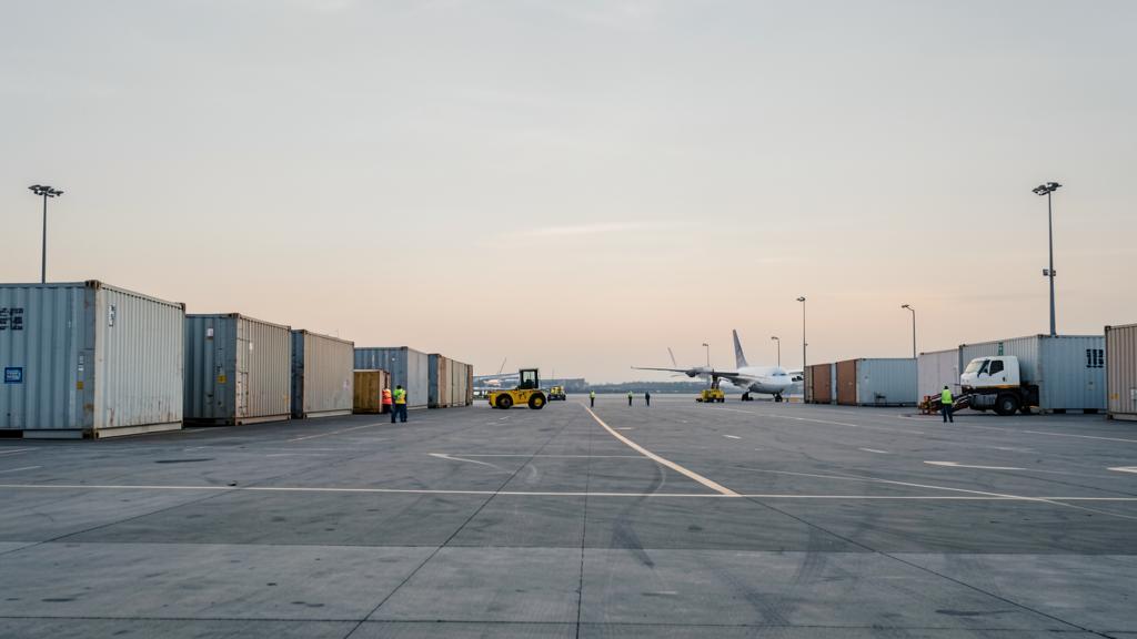 Cargo containers and ground handling equipment on an airport apron at dawn