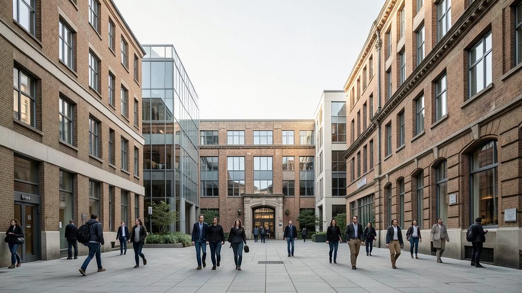 Students and staff crossing a university courtyard