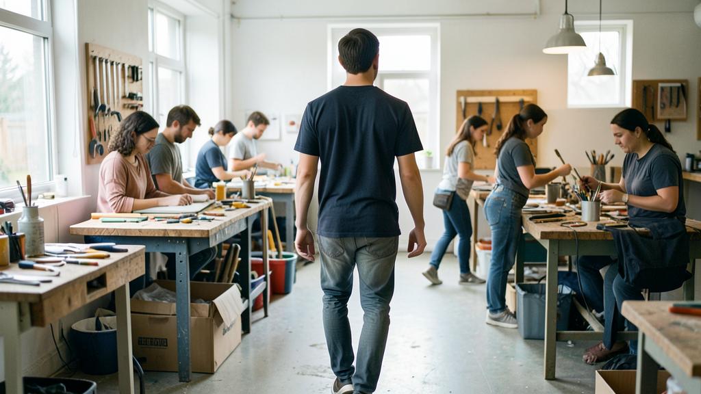 Founder walking through a bright workshop with a small team at work